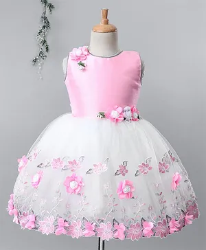 Bluebell  Party Wear Sleeveless Frock Floral Appliques - Pink White