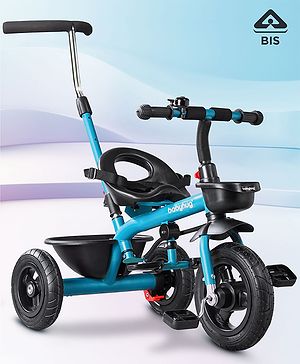 Babyhug Cruise Plug & Play Trike with Mild Steel Frame & Parental Handle Front & Rear Storage Basket with 3 Rubber Wheels with Foldable Foot Rest & Bell - Aqua Blue