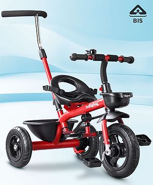 Babyhug Cruise Plug & Play Trike with Mild Steel Frame & Parental Handle Front & Rear Storage Basket with 3 Rubber Wheels with Foldable Foot Rest & Bell  - Red