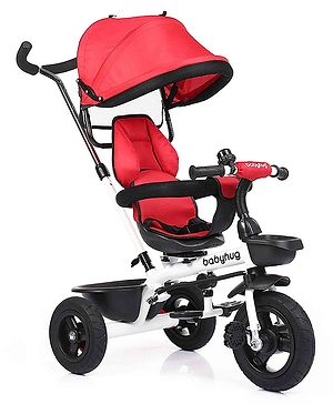 Babyhug Hermes Glider Plug & Play Trike with 360° Rotatable Seat & Parental Handle with Canopy Rubber Wheels & Storage Baskets with Bell - White Red