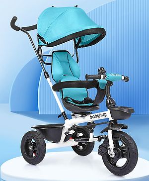 Babyhug Hermes Glider Plug & Play Trike with 360° Rotatable Seat & Parental Handle with Canopy Rubber Wheels & Storage Baskets with Bell - White Blue