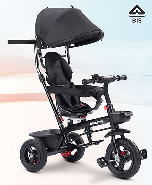 Babyhug Hermes Glider Plug & Play Trike with 360° Rotatable Seat & Parental Handle with Canopy Rubber Wheels & Storage Baskets with Bell - Black Grey