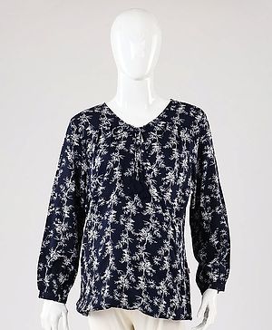 Kriti Full Sleeves Maternity Nursing Top Floral Print - Navy Blue