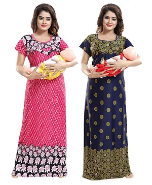 Fabme Set Of 2 Floral Print Half Sleeves Maternity Nighty - Pink & Yellow