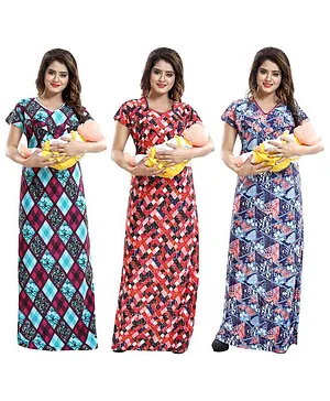 Fabme Geometric Print Pack Of 3 Maternity Nighty - Red & Blue