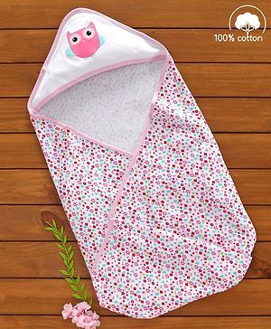 Babyhug 100% Cotton Hooded Wrapper Floral Print - Pink