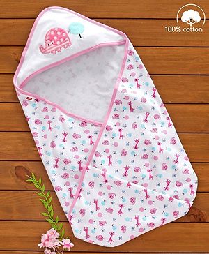 Babyhug 100% Cotton Hooded Wrapper Giraffe Print - Pink Blue - L 86 x B 85 cm Pink