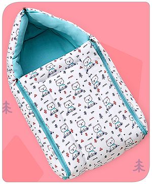 Babyhug Sleeping Bag Teddy Print - White Blue