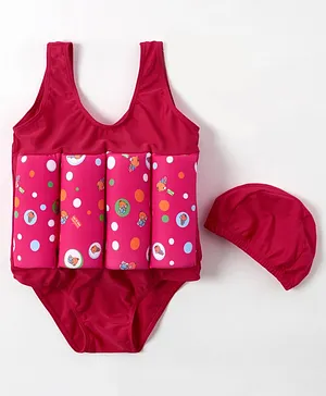Babyhug Sleeveless Swimming Float with Cap Teddy Print - Red