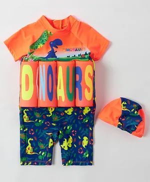 Babyhug Half Sleeves Swimming Float Dinosaur Print - Orange