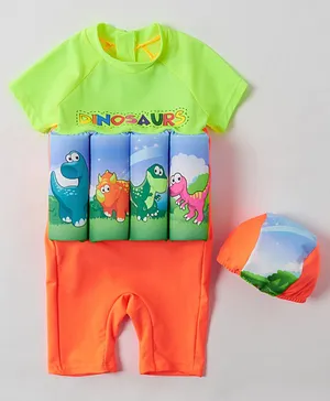 Babyhug Half Sleeves Swimming Float with Cap Dinosaur Print - Green Orange