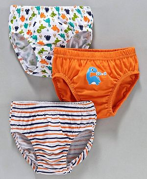 Babyhug 100% Cotton Briefs Dino Print Pack of 3 - White Orange