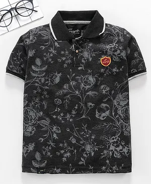 Earth Conscious Floral Print Half Sleeves Polo T-Shirt - Black