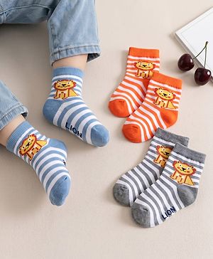 Cute Walk by Babyhug Ankle Length Striped Socks Lion Design - Orange Blue Grey
