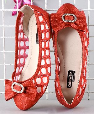 Cute Walk by Babyhug Party Wear Belly Shoes Bow Appliques - Red