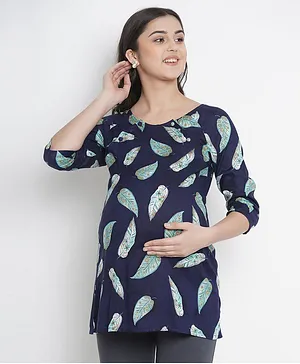 Mine4Nine Leaves Print Full Sleeves Maternity Top - Navy Blue