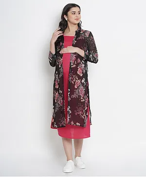Mine4Nine Floral Print Full Sleeves Maternity Dress - Pink