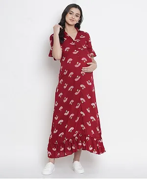 Mine4Nine Printed Half Sleeves Maternity Dress - Red