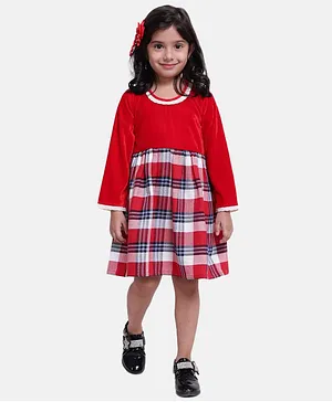 BownBee Velvet Full Sleeves Checked Dress - Red