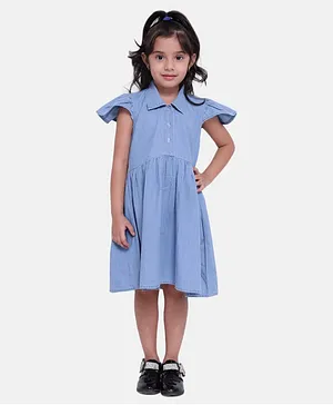 BownBee Solid Ruffle Short Sleeve Denim Dress - Light Blue
