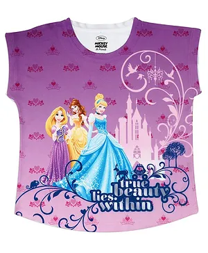 Disney By Crossroads Cap Sleeves Disney Princess Characters Print Top - Purple