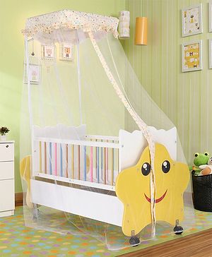 Babyhug Lucky Star Wooden Cradle with Wheel & Big Storage Drawers for Toys - Yellow White| Balanced Swing| Mosquito Net| Swing Lock| Wheels with Lock| Easy to Assemble - L 150 x B 66 x H 136.5 cm Yellow