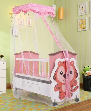 Babyhug Tiger Cub Wooden Cradle | Premium Sturdy & Safe Baby Cradle Jhula/Palna/Bed/Ghodiyu/Baggi/Baby Bedding with Mosquito Net | Big Storage Drawers for Toys  Pink White