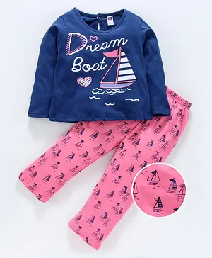Nottie Planet Full Sleeves Dream Boat Print Night Suit - Blue Pink