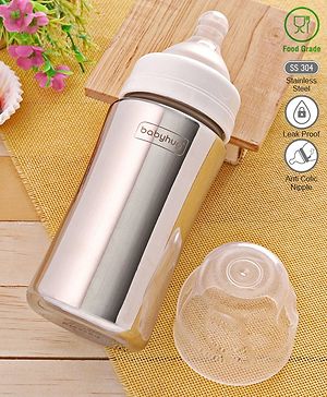 Babyhug  Stainless Steel Feeding Bottle with Leak-Proof Cap & Silicone Nipple  300 ml | BPA Free| Durable| Milk Feeding | 304 Grade | Newborn