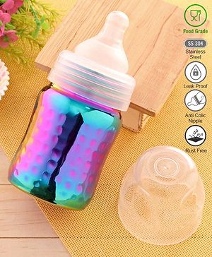 Babyhug  Stainless Steel Feeding Bottle with Leak-Proof Cap & Silicone Nipple, Rainbow  200 ml | BPA Free| Durable| Milk Feeding | 304 Grade | Newborn