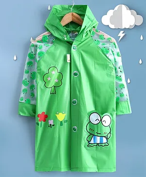 Kookie Kids Full Sleeves Hooded Raincoat Frog Print - Green
