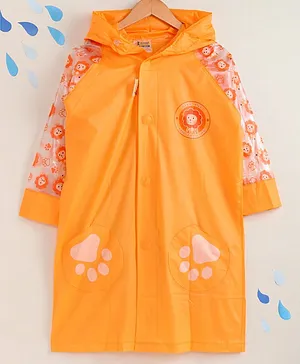 Kookie Kids Full Sleeves Hooded Raincoat Paw Print - Orange