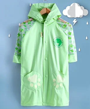 Kookie Kids Full Sleeves Hooded Raincoat with Attached Pouch Fox Print - Green