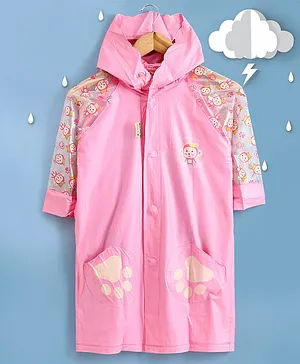 Kookie Kids Full Sleeves Hooded Raincoat with Attached Pouch Monkey Print - Pink