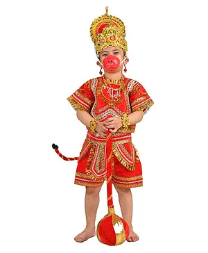 BookMyCostume Half Sleeves Lord Hanuman Bajrang Bali Hindu God Kids Fancy Dress Costume With Gada - Red & Gold