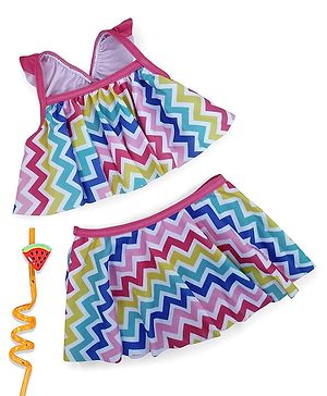 Babyhug Sleeveless 2 Piece Swim Suit Chevron Print - Pink