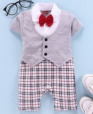 Babyhug 100% Cotton Party Wear Short Sleeves Party Suit Style Romper Bow Applique - Grey White