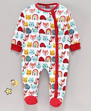 Babyhug 100%Cotton Sleepsuit Animal Print - Red - 9-12m Red