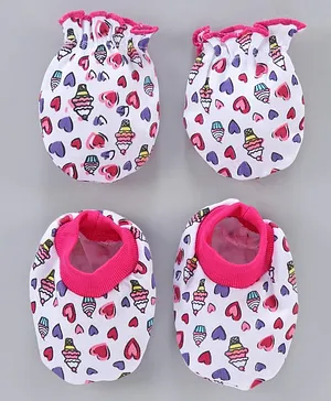 Babyhug 100% Cotton Mittens & Booties Set Heart Print - White Pink