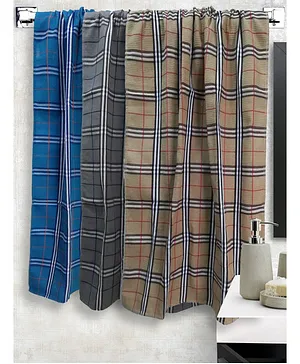 Athom Trendz 100% Cotton Premium Checked Bath Towel Pack of 3 - Blue Grey Brown