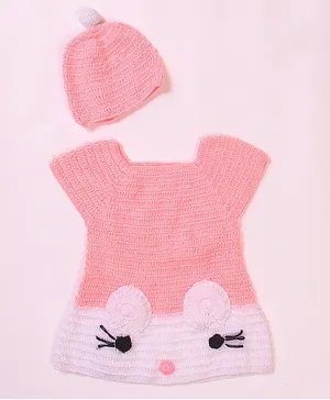 USHA ENTERPRISES Kitten Design Short Sleeves Sweater Dress With Cap - Pink
