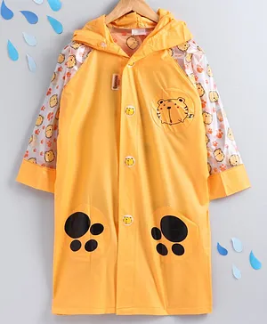 Kookie Kids Full Sleeves Hooded Raincoat with Attached Pouch Tiger Print - Yellow