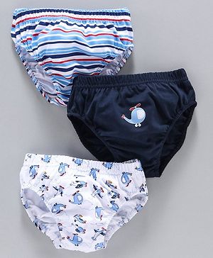 Babyhug 100% Cotton Briefs Printed & Striped Pack of 3 - White Navy Blue