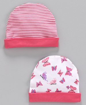 Babyhug 100% Cotton Striped & Printed Cap Pack of 2 White Pink -  Diameter 10 cm