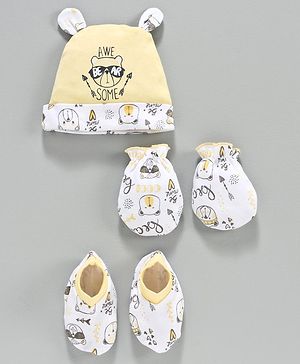 Babyhug 100% Cotton Cap Mittens & Booties Set Bear Print Yellow -  Diameter 10.5 cm