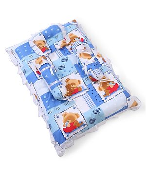 Babyhug Teddy Print Frilled Baby Bedding Set - Blue