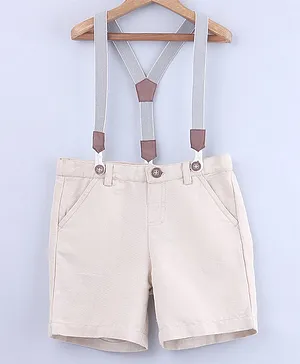 Beebay Solid Shorts With Suspenders - Beige