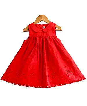 KIDSDEW Sleeveless Schiffli Dress - Red