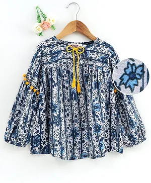 Soul Fairy Floral Print Tassel Attached Full Sleeves Top - Blue