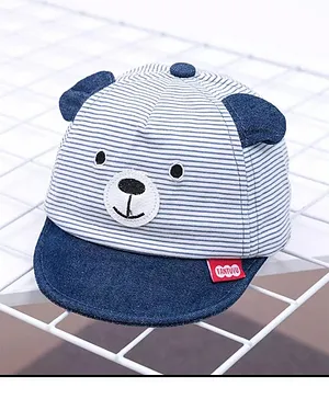 Ziory Bear Face Embroidered Striped Baby Cap  Dark Blue - Circumference 46 cm